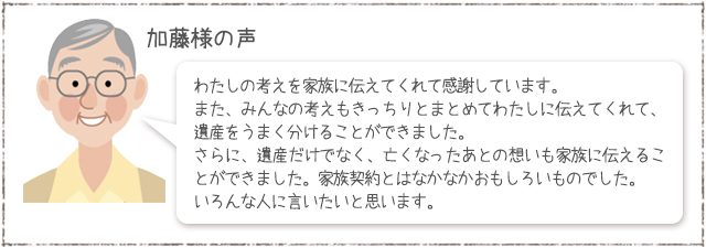 加藤様の声：わたしの考えを家族に伝えてくれて感謝しています。また、みんなの考えもきっちりとまとめてわたしに伝えてくれて、遺産をうまく分けることができました。また、遺産だけでなく、亡くなったあとの想いも家族に伝えることができました。家族契約とはなかなかおもしろいものでした。いろんな人に言いたいと思います。